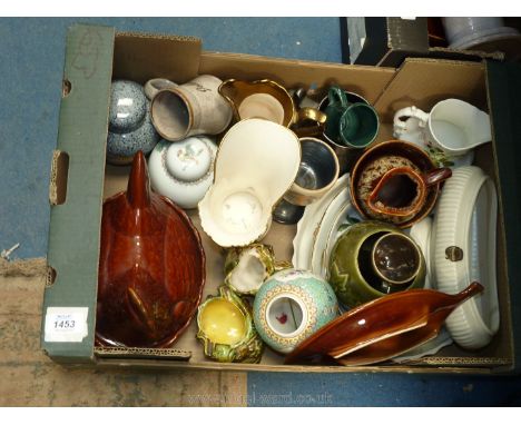 A quantity of mixed china to include; a Prinknash tankard, hen on nest, a Portmeirion flan dish, ginger jars,Carltonware, Dar