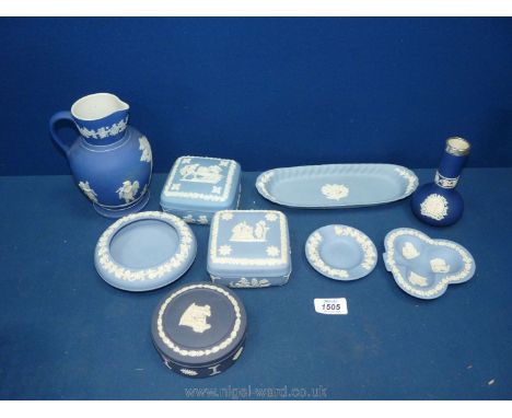 A small quantity of Wedgwood Jasperware in light blue, two dark blue with an Adams vase with Birmingham silver rim.