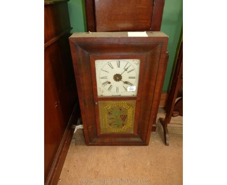 A veneered cased American Wall Clock, the painted face with Roman numerals and floral features to the corners, two train weig