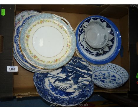 A quantity of plates including Noritake, Johnson Bros. hand painted with staple repair, Copeland 'Willis' soup cups etc.