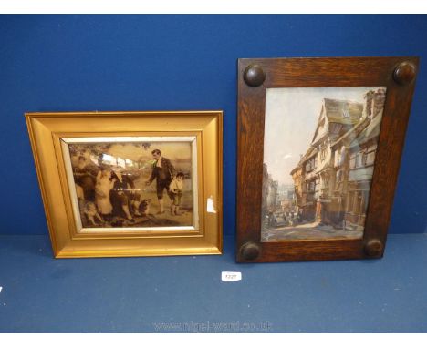 A gilt framed Crystoleum of a family in a garden together with a Print in darkwood frame.