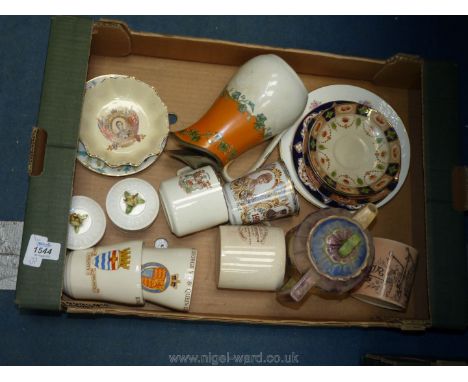 A quantity of commemorative ware including 1911 enamel beaker, Cottage ware teapot, two Coalport trinket boxes, etc.