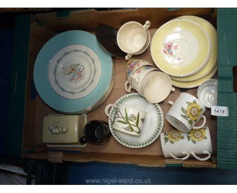 A quantity of china including four Shelley 'Hathaway' cups, Lurpak butter dish, Portmeirion Botanical garden cup and three sa