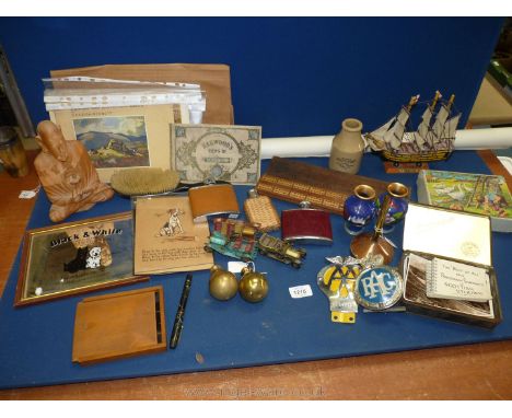 A quantity of miscellanea to include; two small Cloisonne vases, three Matchbox 'Models of Yesterday' cars, three hip flasks,