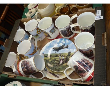 A good quantity of tankards including RAF WWII commemorative,'The Great Battles of The British Army', display plates etc