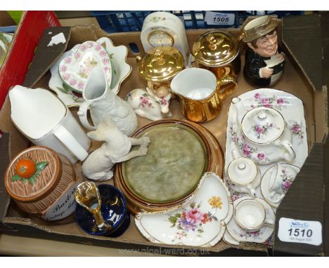 A small quantity of china to include; Royal Crown Derby crescent shaped dish, Wedgwood Peter Rabbit clock, SZFIER cow, Royal 