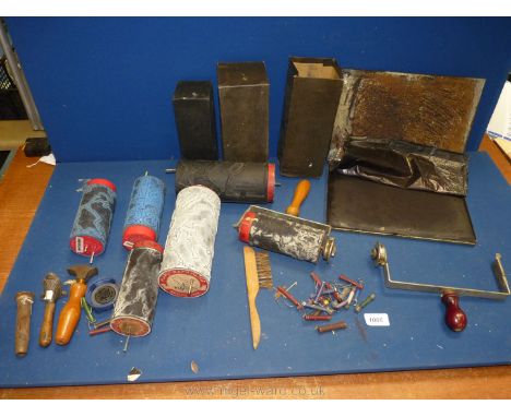 Six mapograph rollers of Herefordshire, England and Wales, Europe etc with ink blotter, roller handles etc.