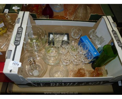 A quantity of glass including Stuart Crystal port glasses, dressing table candlesticks, large goblet vase, Danish glass tea l