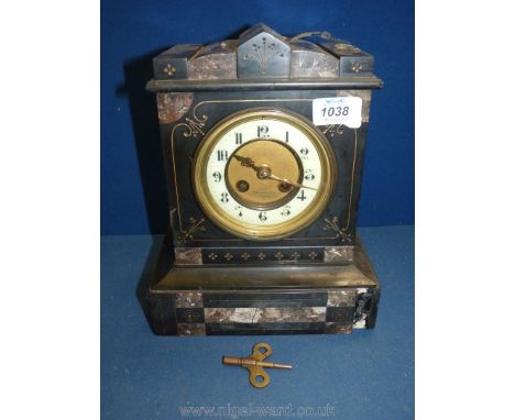 A slate and marble inlaid Mantle Clock by Goldstraw, Paris, the face with Arabic numerals, with key and pendulum, 9'' x 10 1/