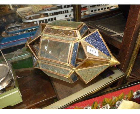 A vintage hall light with leaded panels in blue and brown glass, 15'' long, some damage.