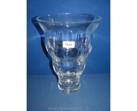 A large heavy tall glass Vase, reversed conical shape with large thumb print pattern around the top and centre. 13 1/2" tall 