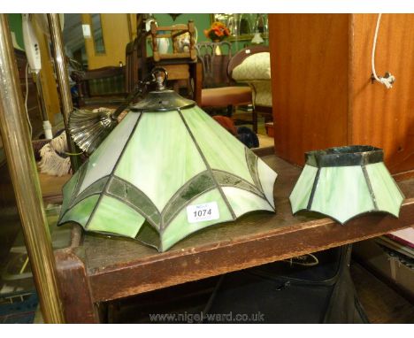 A Tiffany style six panelled light fitting in green with additional interior fitting, 13 12'' diameter, a/f.