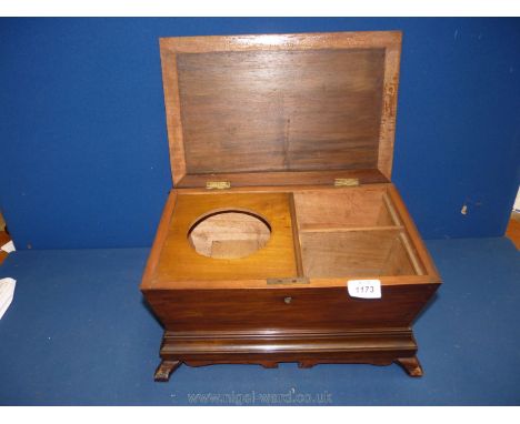 A mahogany Tea caddy in sarcophagus shape, no bowl, lid missing parts, 15" x 10" x 9".