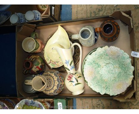 A box of mixed china to include Austria jugs, Burslem jug, Avonware dish, Carltonware leaf plates, Toby jug etc.