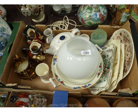 A quantity of china including Buchan teapot, jug and sugar bowl, two Wedgwood Toby jugs (both a/f.), sandwich plates, soup tu