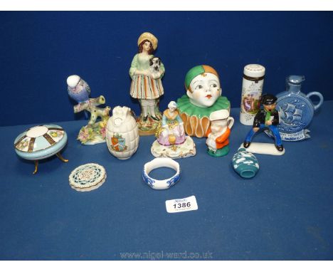 A Noritake novelty clown head inkwell, a/f., Royal Adderley Budgerigar, Carltonware figure, small scent bottle etc.