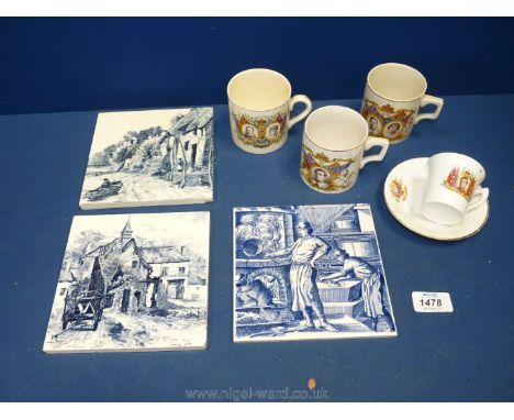 Four commemorative mugs 1937, two Minton tiles and a Delft tile.