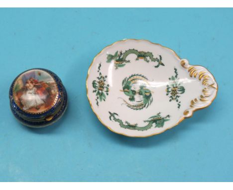 A 19th century Vienna-style pot, circular with hinged cover, painted with a romantic scene, beehive mark, 2.5in. diameter and
