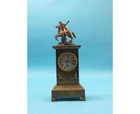 A 19th century gilt-brass mantel clock, architectural form with Napoleon riding Marengo surmount, silvered dial and French ti