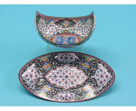 Viennese enamel on copper, boat-shape dish, 6.25in., on near-matching stand, 10in., finely detailed flowers and scrolls