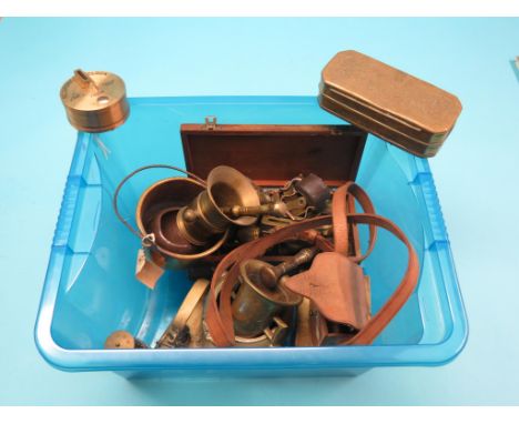 A 19th century Dutch engraved brass tobacco box, a Dent recording clock, in leather case, and other ornamental brassware