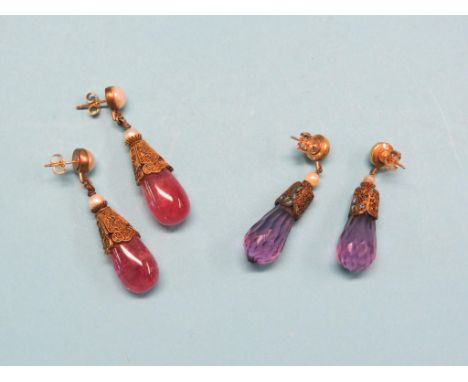 A pair of Chinese gilt-metal, enamel and rose quartz ear-drops, set pearl-type stones, enamels worn, and another pair of ear-