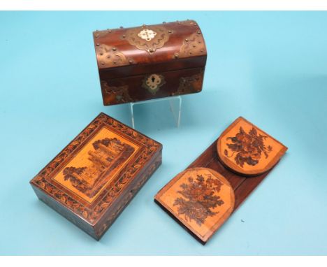 A Victorian Tunbridge ware jewellery box, hinged cover depicting a castle frontage, 8in., a Victorian Tunbridge ware book-rac