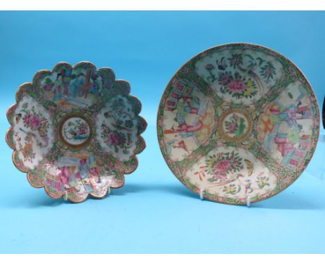 A 19th century Canton enamel dessert dish, circular with scalloped rim, painted with figures, birds and foliage in bright ena