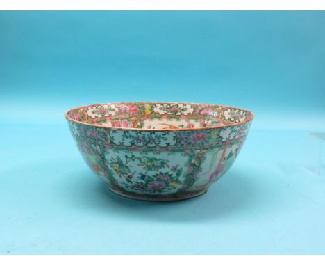A 19th century Canton enamel bowl, painted with figures, birds and foliage in bright enamels, 13.5in.