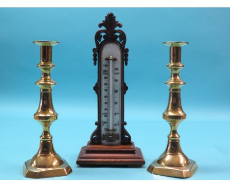 A Victorian walnut table-top thermometer, carved with leaf-scrolls, glass register plate cracked, 15in., and a pair of large 