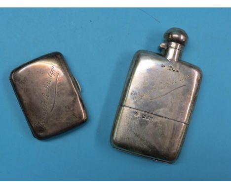 A late Victorian silver hip-flask, and a silver cigarette case en-suite, both 1899, approx. 8oz. total