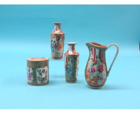 19th century Canton enamel, jug, 6.25in., pair of baluster vases, 6in., and a cylindrical jar and cover, 3.5in., all painted 