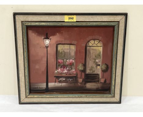 DEBORAH JONES. BRITISH 1921-2012 House exterior by street light. Signed. Oil on board 10' x 12'