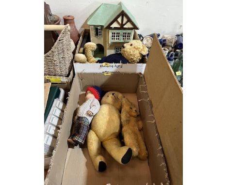 A doll's house with furniture, two vintage teddy bears, a doll and an abacus