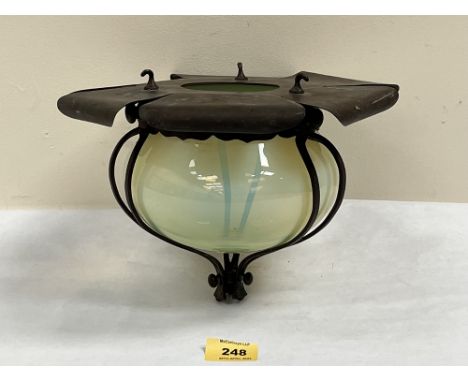 An Arts and Crafts anodised copper hanging lamp with globular Vaseline glass shade. 9½' diam x 7¼' high