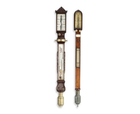 A 19th century rosewood marine barometer and a similar period mahogany marine barometer with 'Improved Sympiesometer' and gim