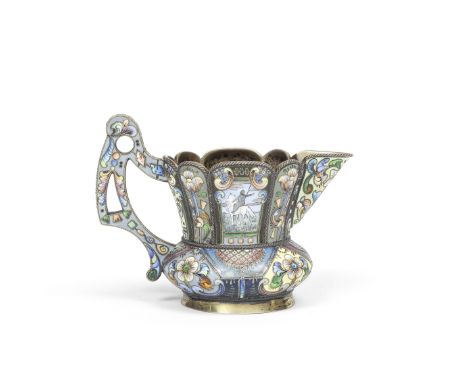 A Russian silver-gilt and cloisonné enamel jugmaker's mark 'SMA', Moscow, 1898-1908 the body enamelled with varicoloured shad