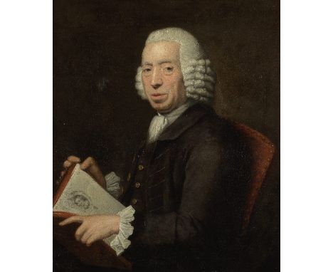 German School, mid-18th CenturyPortrait of a gentleman half-length, holding a copy of Abrege de la Vie des Plus Fameux Peintr