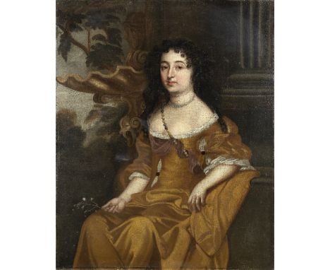 Follower of Sir Peter Lely (Soest 1618-1680 London)Portrait of a lady, three-quarter-length, in a gold dress, seated before a