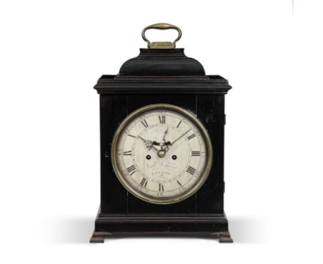 A second half 18th century ebonised table clocksigned Nathaniel Sergeant, Londonthe inverted bell top with central handle ove