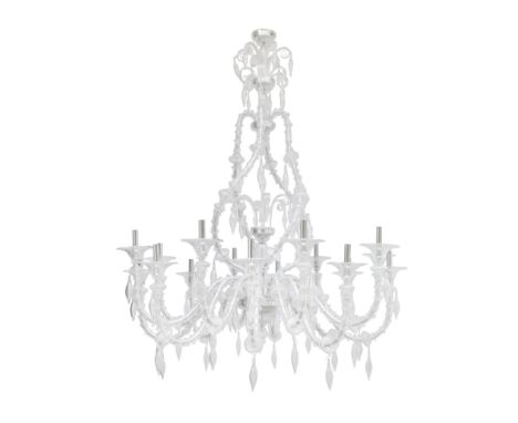 An impressive Venetian sixteen light blown clear glass chandelierthe reeded flared collars with plated tubular fitments above