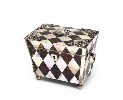 A 19th century tortoiseshell and mother of pearl chequer inlaid sarcophagus tea caddy with later associated white metal mount