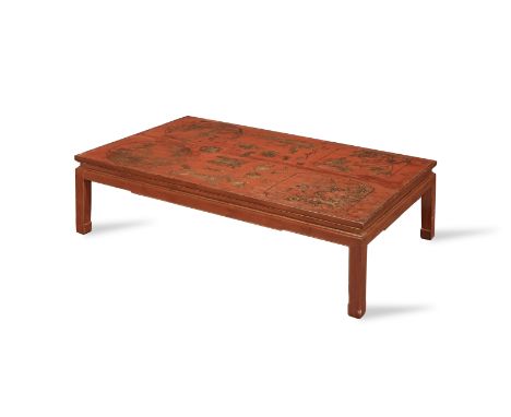 A red lacquer, painted and parcel gilt low/coffee tablethe lacquer top probably originally forming part of a Chinese late 19t