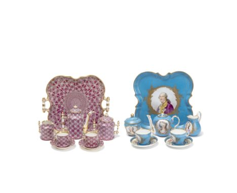 A mid 19th century Sevres porcelain and later decorated cabaret or tête-à-tête set together with a similar late 19th century 