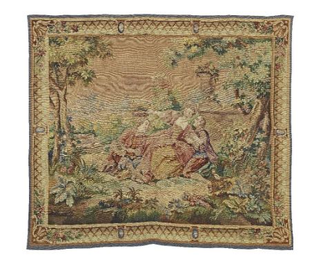 A charming French tapestrycirca 1890,the manicured garden with three courtly figures in 'conversazione' enclosed by typical f