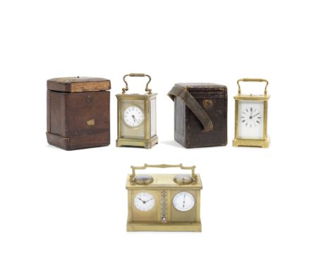 A collection of late 19th/early 20th century French brass carriage clocks and timepiecesthe first with repeat, the movement n