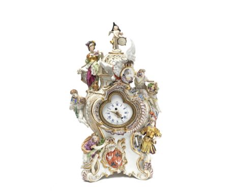 An impressive late 19th century Continental allegorical porcelain figural mantel timepiece with alarmin the 18th century styl