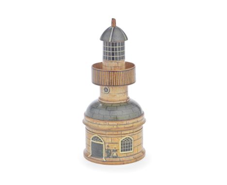 A rare early 19th century Tunbridge ware painted whitewood novelty lighthouse writing compendiumof sectional screw form, the 