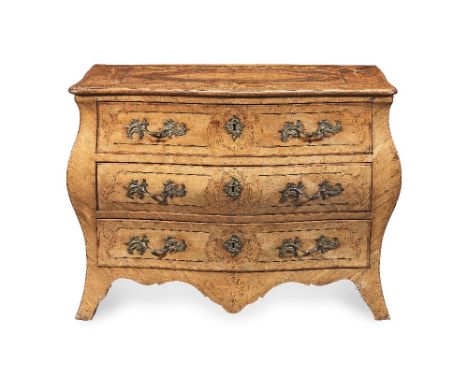 A German 18th century walnut, ebony inlaid and fruitwood marquetry bombe serpentine commodeThe shaped top and drawer fronts e