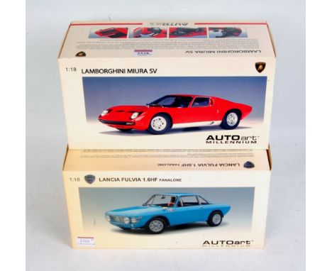 Auto Art Millenium 1/18th scale boxed diecast model of a Lancia Fulvia 1.6HF Fanalone, finished in blue with black interior, 